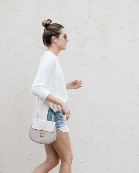 sweater and cut off shorts outfit, denim shorts, spring outfit 2017, marc fisher adalyn wedges tan