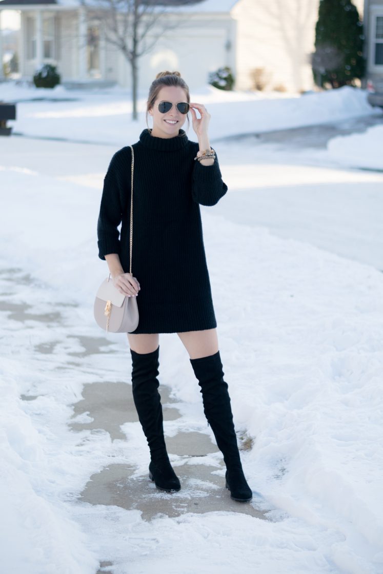 turtleneck sweater dress outfit, over the knee boots and dress outfit, black otk boots