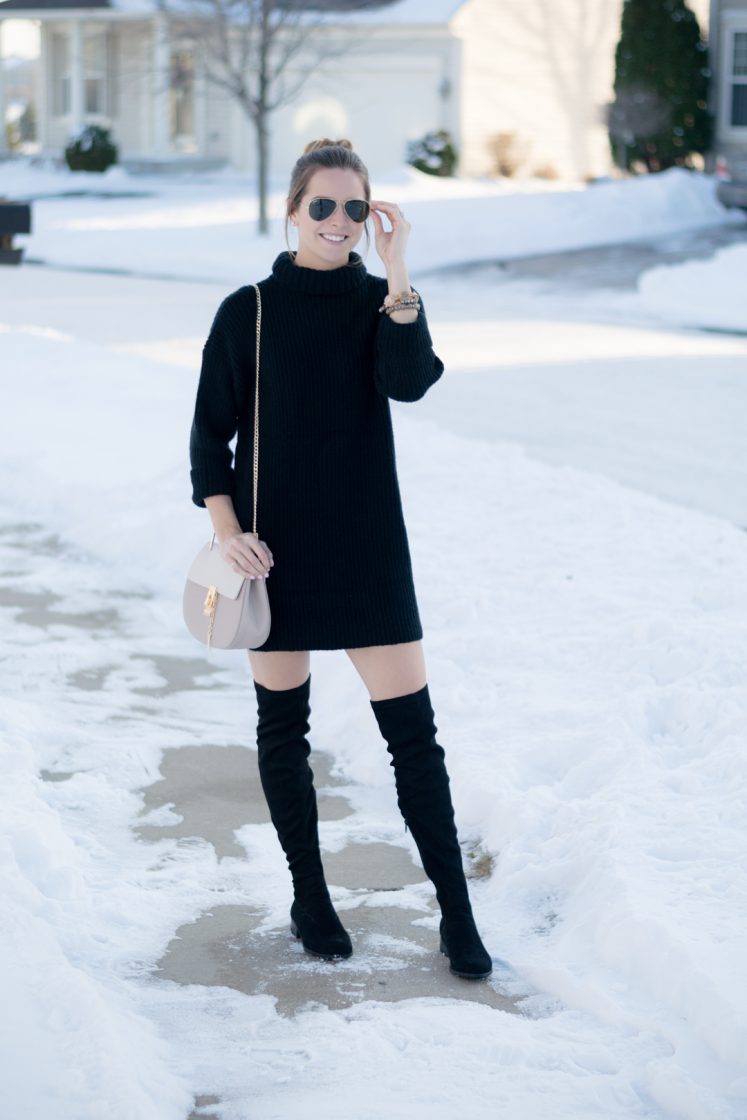 black sweater dress with boots