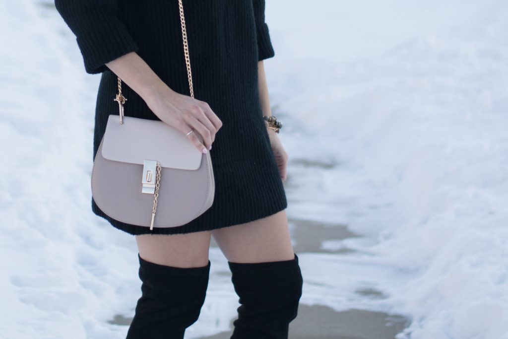 turtleneck sweater dress outfit, over the knee boots and dress outfit, black otk boots