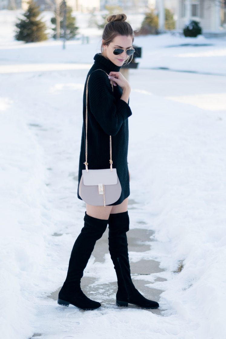 turtleneck sweater dress outfit, over the knee boots and dress outfit, black otk boots