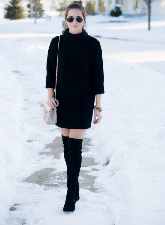 turtleneck sweater dress outfit, over the knee boots and dress outfit, black otk boots