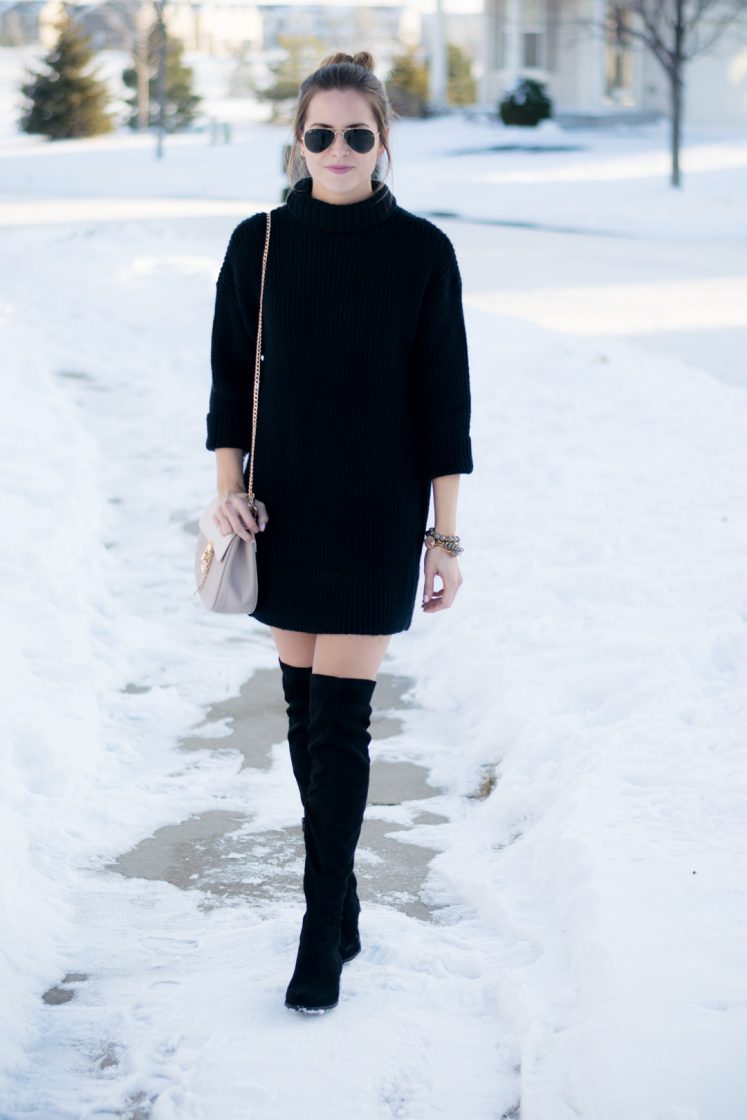 turtleneck sweater dress outfit, over the knee boots and dress outfit, black otk boots