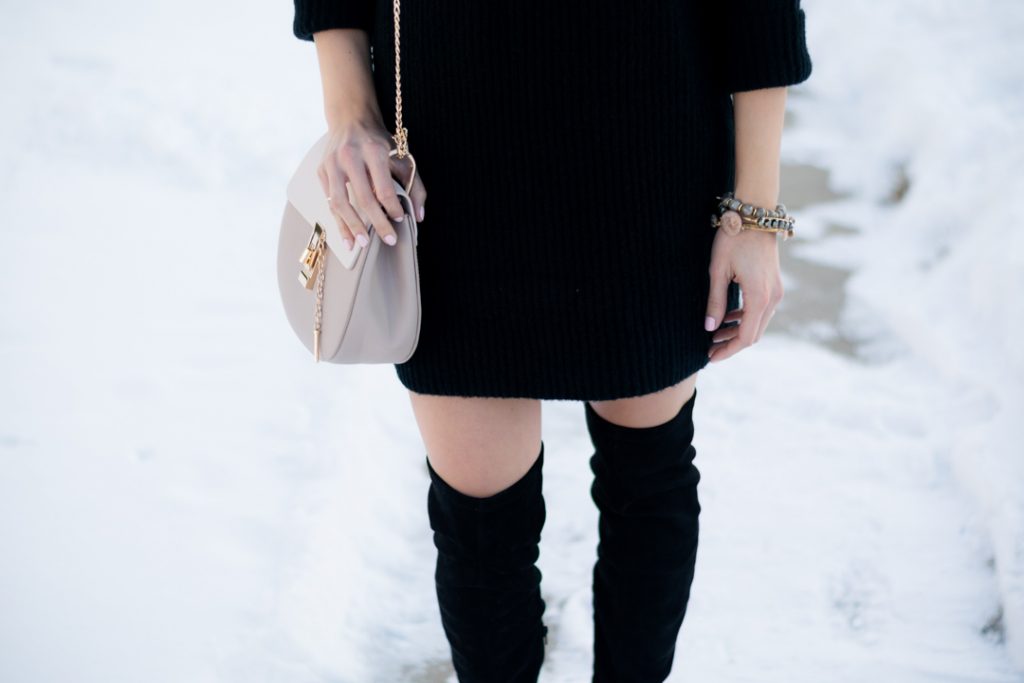 turtleneck sweater dress outfit, over the knee boots and dress outfit, black otk boots