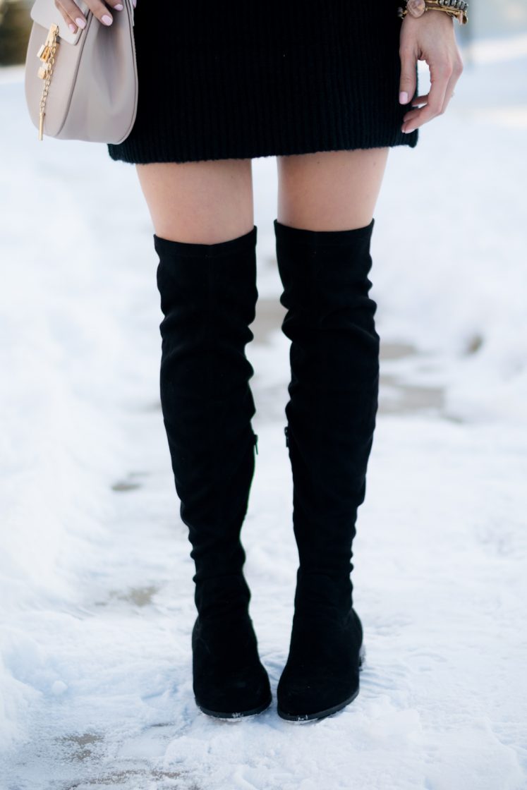 turtleneck sweater dress outfit, over the knee boots and dress outfit, black otk boots