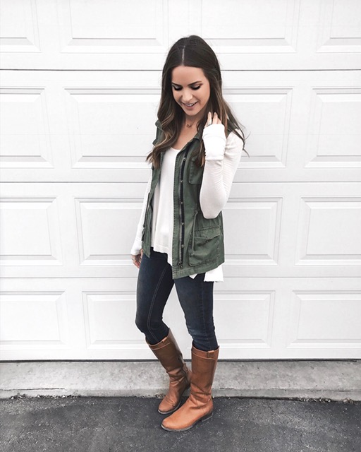 utility vest outfit, cognac riding boots, free people malibu thermal top