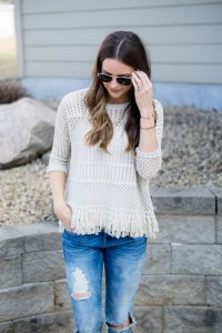 shop social threads, love stitch fringe sweater, tan crochet sweater, neutral outfit, spring transitional outfit