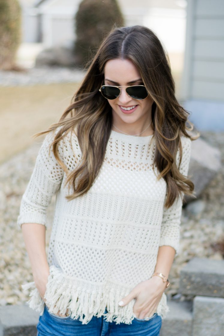 shop social threads, love stitch fringe sweater, tan crochet sweater, neutral outfit, spring transitional outfit