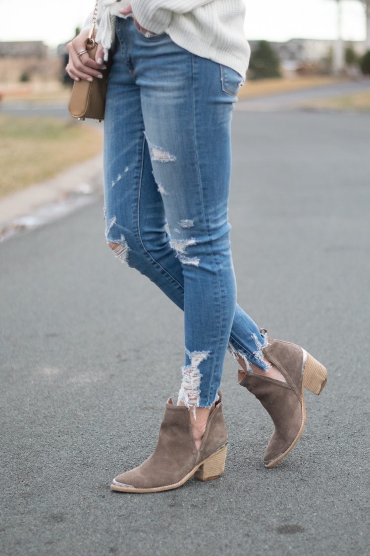 shop the mint love this lace up sweater, ivory laceup sweater, jeffrey campbell cromwell cut out booties outfit, american eagle shredded raw hem skinny jeans, spring 2017 outfits