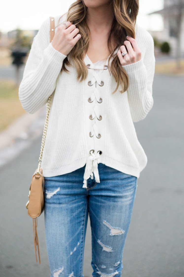 shop the mint love this lace up sweater, ivory laceup sweater, jeffrey campbell cromwell cut out booties outfit, american eagle shredded raw hem skinny jeans, spring 2017 outfits