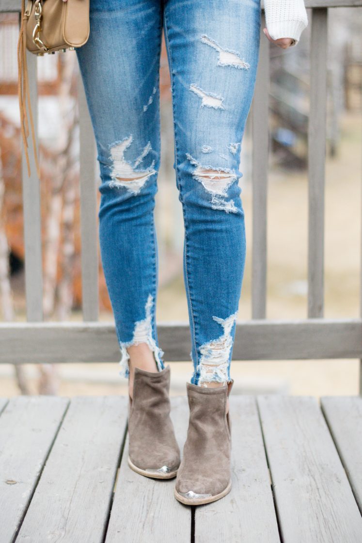 jeffrey campbell cromwell cut out booties outfit, american eagle shredded raw hem skinny jeans