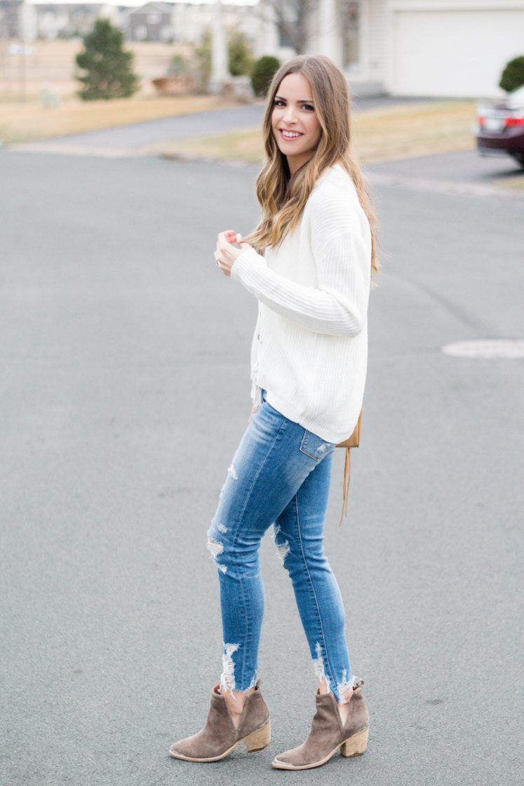 shop the mint love this lace up sweater, ivory laceup sweater, jeffrey campbell cromwell cut out booties outfit, american eagle shredded raw hem skinny jeans, spring outfits
