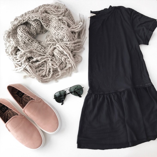 urban outfitters truly madly deeply peplum tee, bp. fringe scarf, target style DV blush slip on sneakers