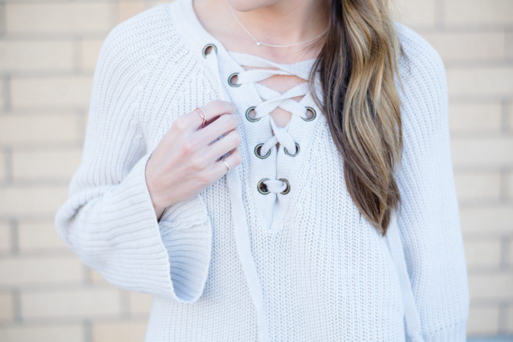 shein gray lace-up sweater, tie up sweater