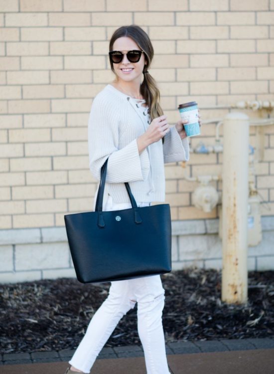 lace-up sweater, white ripped jeans outfit, marc fisher adalyn wedges tan suede, spring 2017 outfits