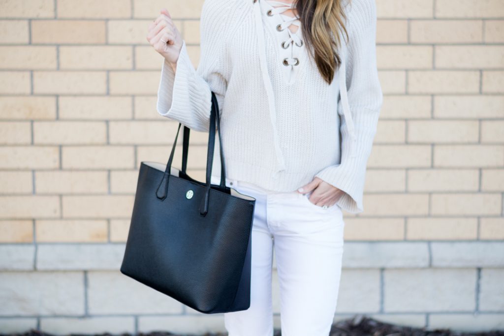 lace-up sweater, white ripped jeans outfit, marc fisher adalyn wedges tan suede, spring 2017 outfits, tory burch perry tote black