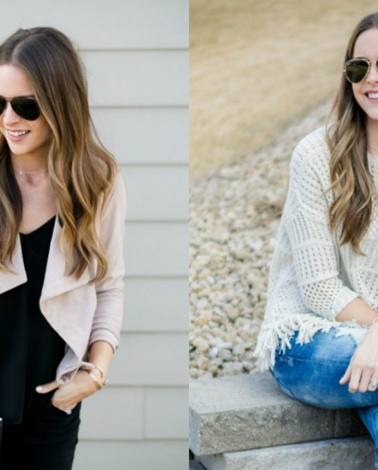 bb dakota blush blazer, ray ban aviators outfits, crochet fringe sweater love stitch, black nyc good vibes jeans outfit