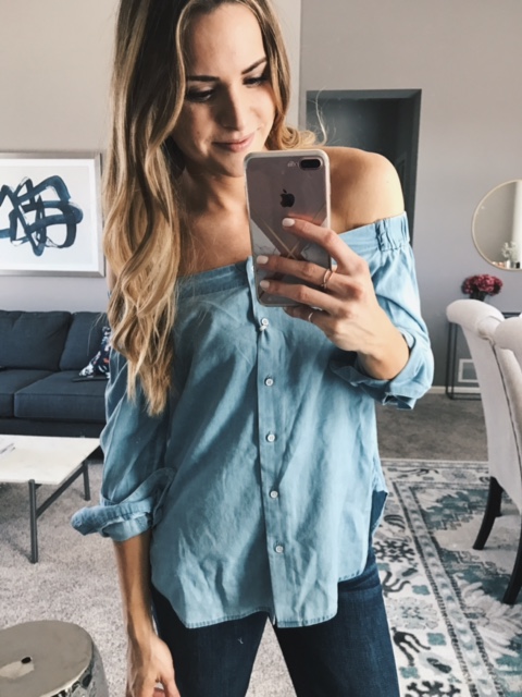 chambray off the shoulder top, chambray top outfit, merilou boutique mb box review