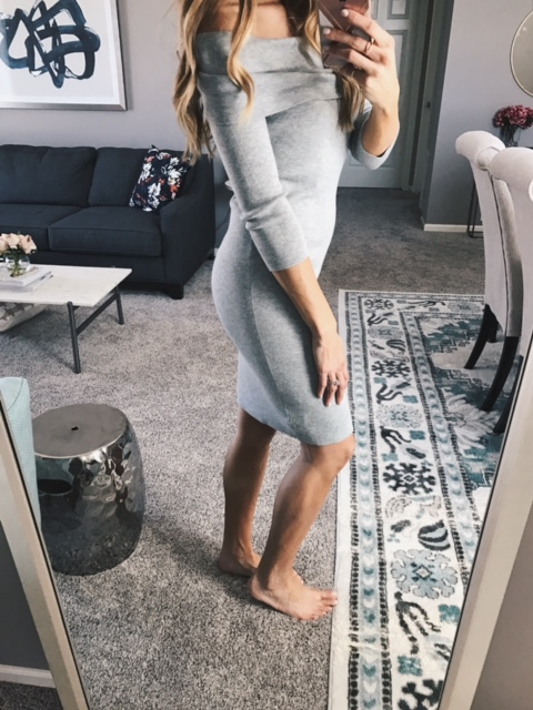 cupcakes and cashmere gray off the shoulder sweater dress