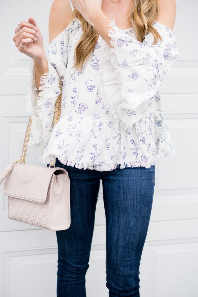 tory burch bedrock fleming bag, primp boutique cold shoulder top, boho chic outfit, minneapolis minnesota style blogger, fashion blogger outfits