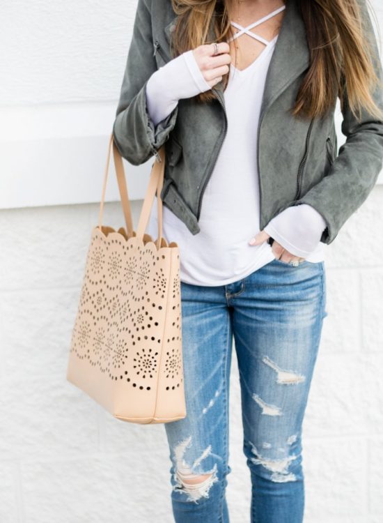 faux suede moto jacket outfit, american pagele shredded denim jeans, street style blogger, minneapolis blogger, chelsea28 laser cut tote