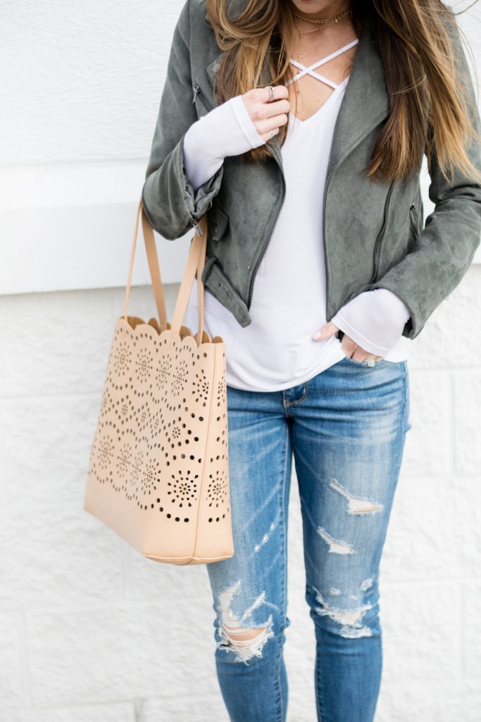faux suede moto jacket outfit, american pagele shredded denim jeans, street style blogger, minneapolis blogger, chelsea28 laser cut tote