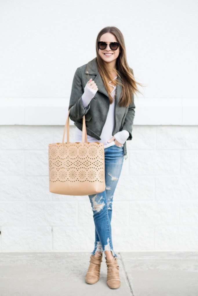 faux suede moto jacket outfit, american pagele shredded denim jeans, street style blogger, minneapolis blogger, 