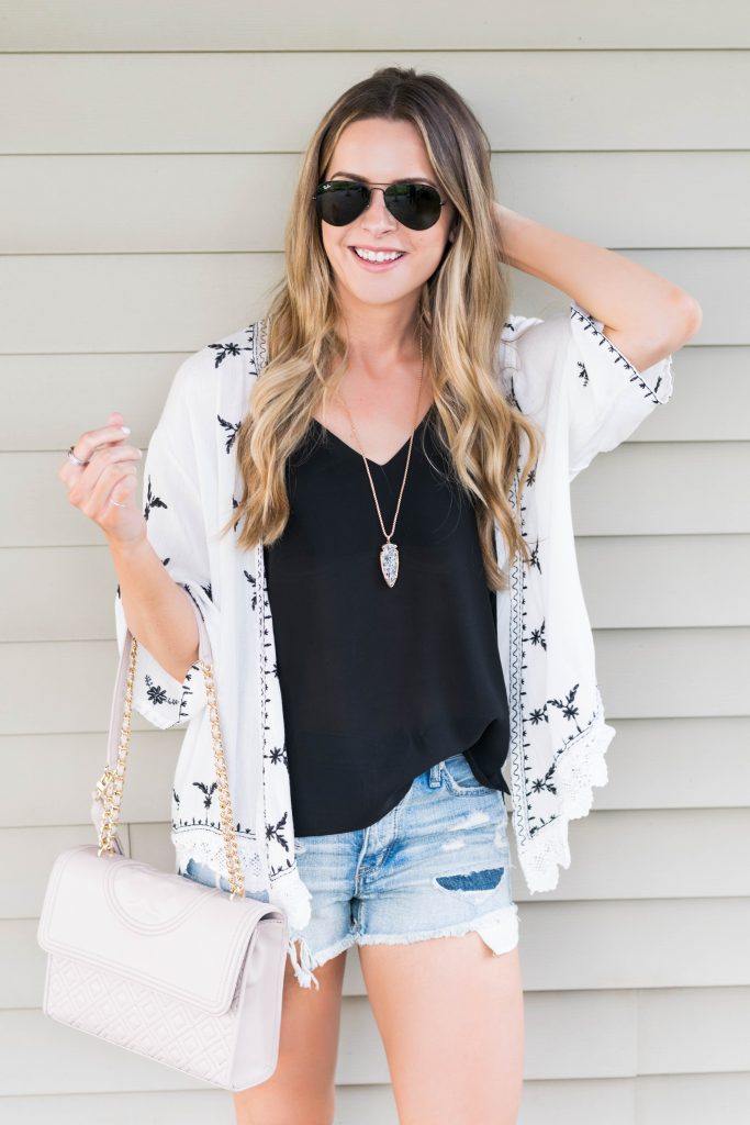 shein scalloped crochet embroidered kimono, black and white embroidered kimono, American eagle cut off shorts, summer 2017 outfits, Minneapolis fashion blogger