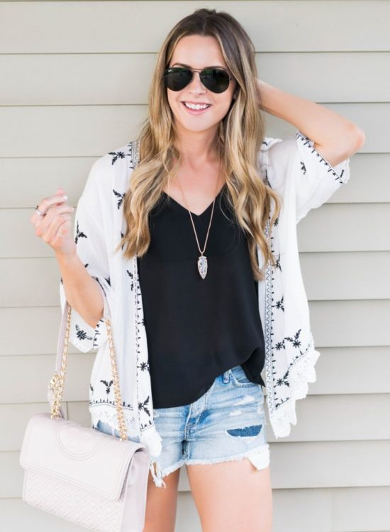 shein scalloped crochet embroidered kimono, black and white embroidered kimono, American eagle cut off shorts, summer 2017 outfits, Minneapolis fashion blogger