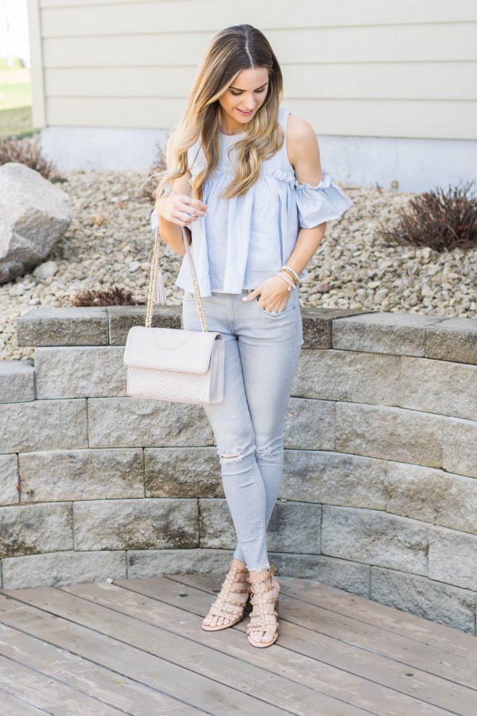 JOA ruffle cold shoulder top light blue, express light gray distressed jegging, Valentino rock stud sandal dupes, tory burch Fleming bag bedrock, Minneapolis fashion blogger, spring 2017 outfits
