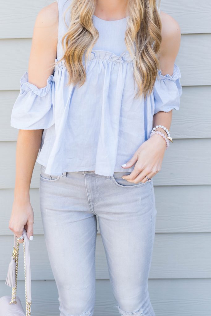 JOA ruffle cold shoulder top light blue, express light gray distressed jegging, Valentino rock stud sandal dupes, tory burch Fleming bag bedrock, Minneapolis fashion blogger, spring 2017 outfits