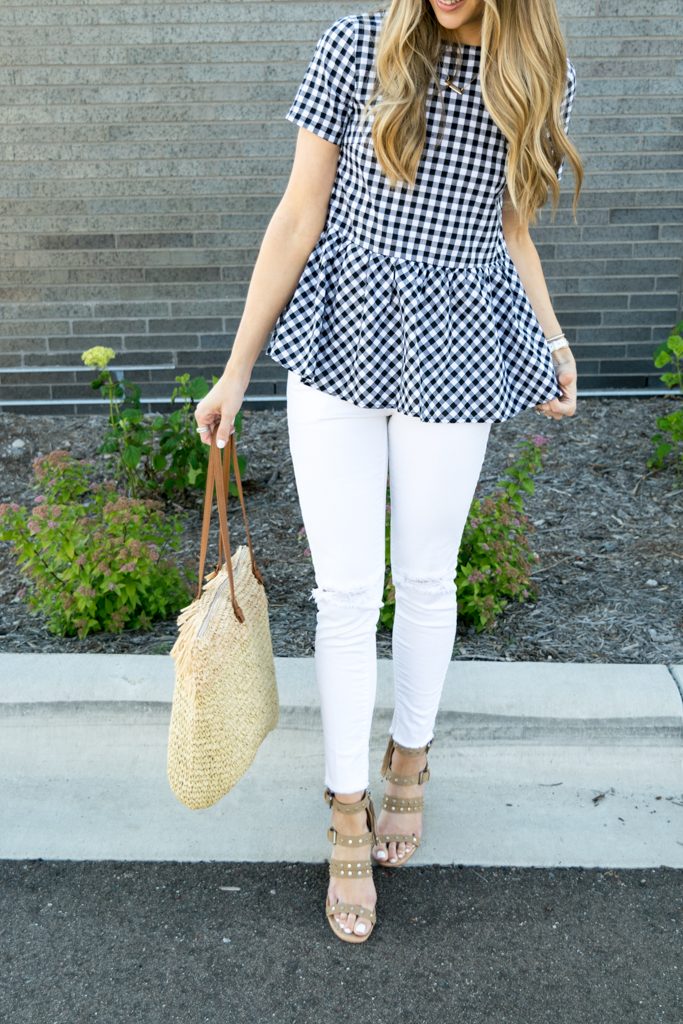 peplum gingham top, top with bows on back, tie up bows top, white jeans outfit, summer outfit ideas, minneapolis fashion blogger, minnesota lifestyle blogger, retro round ray ban aviators outfit, dolce vita effie block heel sandal, budget fashion blogger, affordable fashion blog