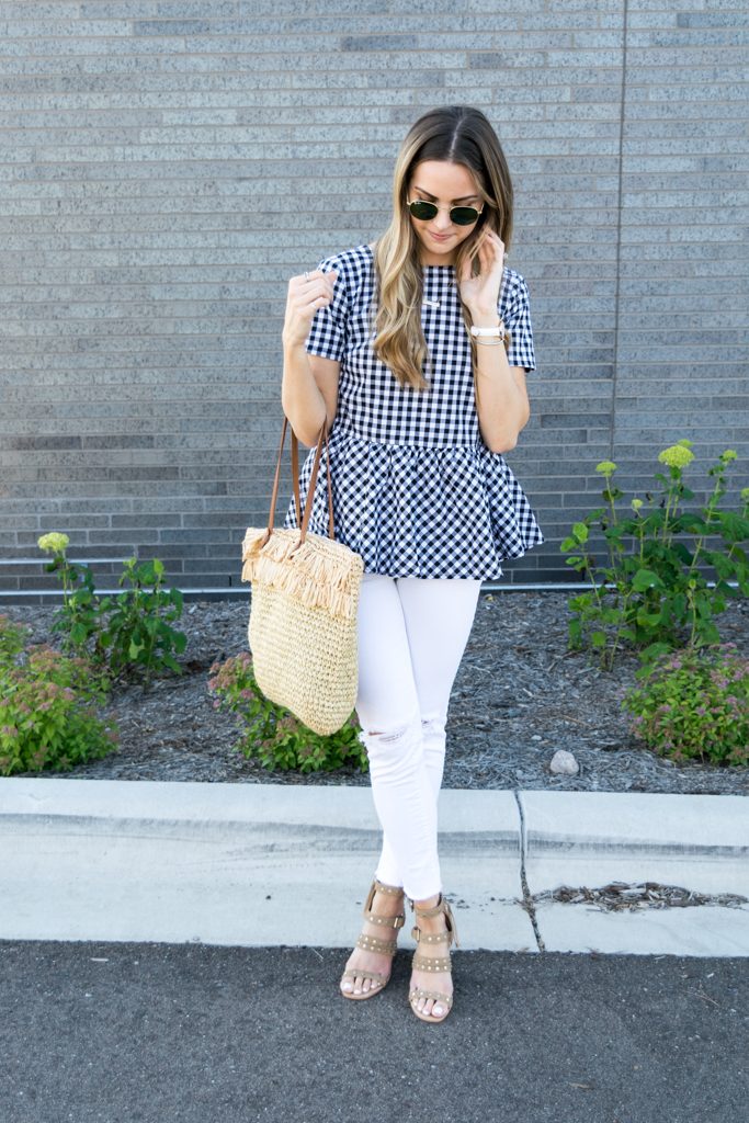 peplum gingham top, top with bows on back, tie up bows top, white jeans outfit, summer outfit ideas, minneapolis fashion blogger, minnesota lifestyle blogger, retro round ray ban aviators outfit, dolce vita effie block heel sandal