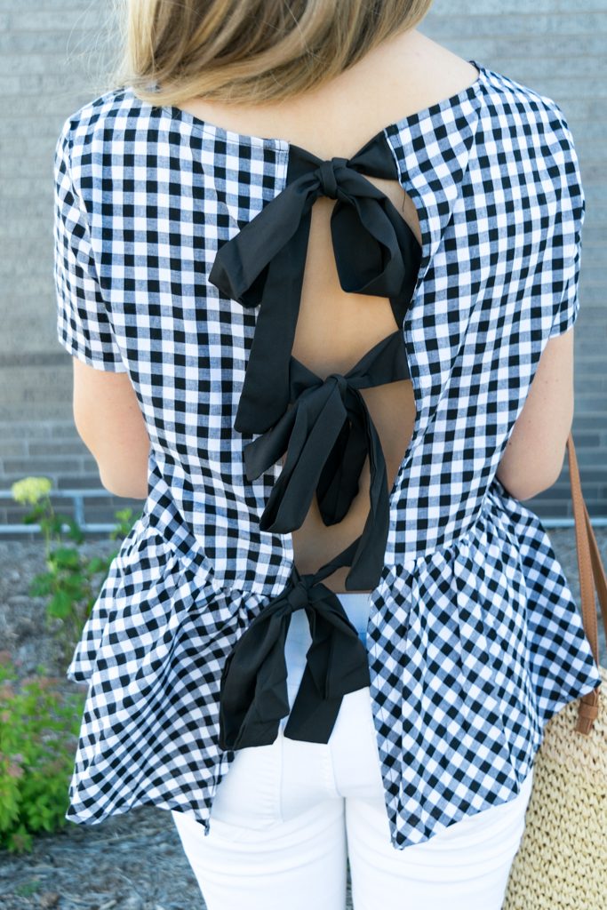 peplum gingham top, top with bows on back, tie up bows top, white jeans outfit, summer outfit ideas, minneapolis fashion blogger, minnesota lifestyle blogger, retro round ray ban aviators outfit, dolce vita effie block heel sandal