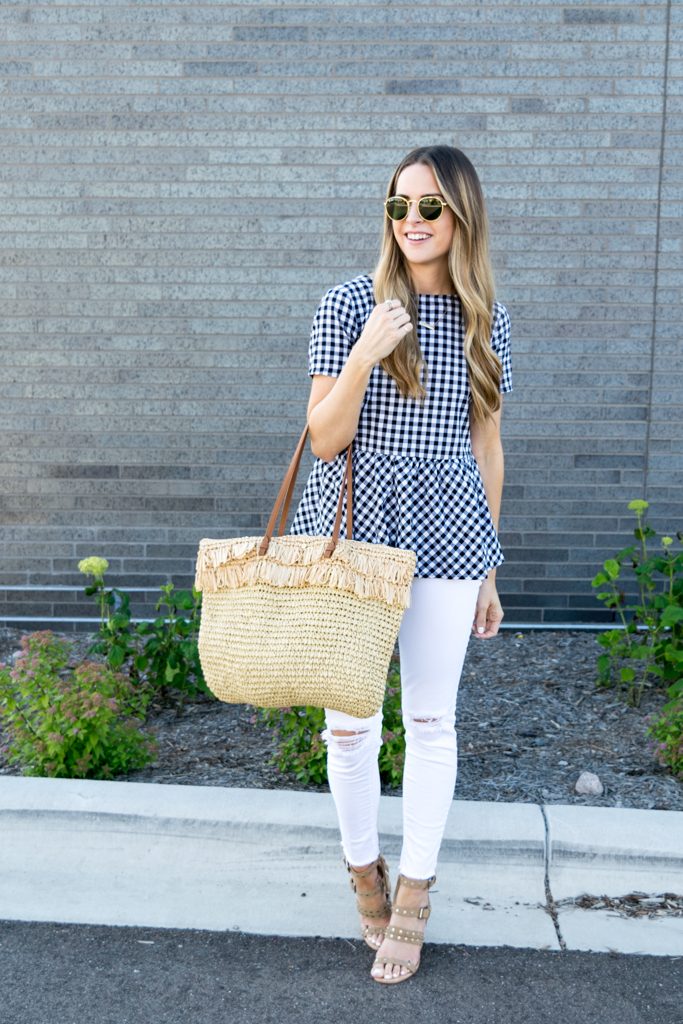 peplum gingham top, top with bows on back, tie up bows top, white jeans outfit, summer outfit ideas, minneapolis fashion blogger, minnesota lifestyle blogger, retro round ray ban aviators outfit, dolce vita effie block heel sandal
