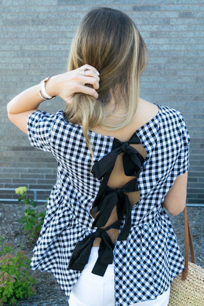 peplum gingham top, top with bows on back, tie up bows top, white jeans outfit, summer outfit ideas, minneapolis fashion blogger, minnesota lifestyle blogger, retro round ray ban aviators outfit, dolce vita effie block heel sandal