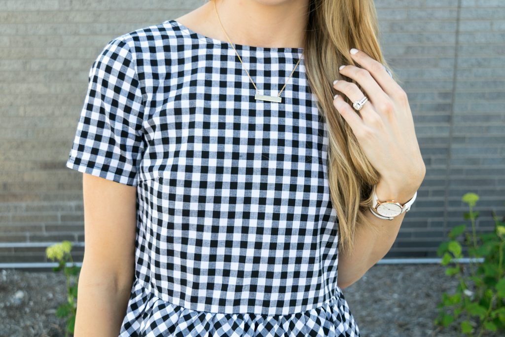 peplum gingham top, top with bows on back, tie up bows top, white jeans outfit, summer outfit ideas, minneapolis fashion blogger, minnesota lifestyle blogger, retro round ray ban aviators outfit, dolce vita effie block heel sandal, budget fashion blogger, affordable fashion blog, brook and york roman numerals bar necklace