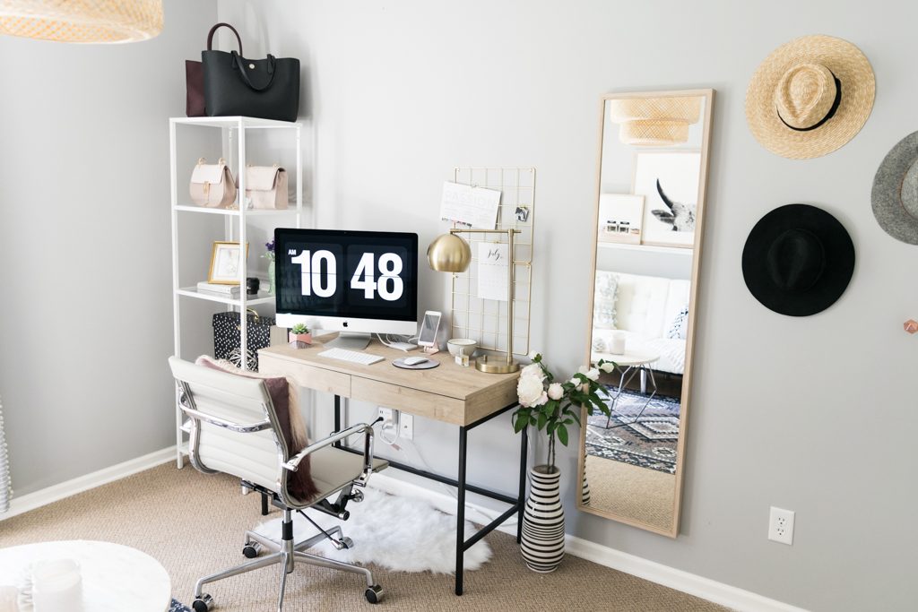 fashion shelf styling, shelf decor, home office storage, home office decor, threshold darley writing desk, minimal desk space