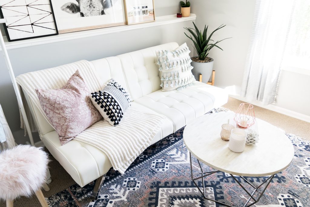 Emily convertible faux leather futon vanilla, cute futons, urban outfitters Hana kilim rug, west elm origami table styling, blogger office tour