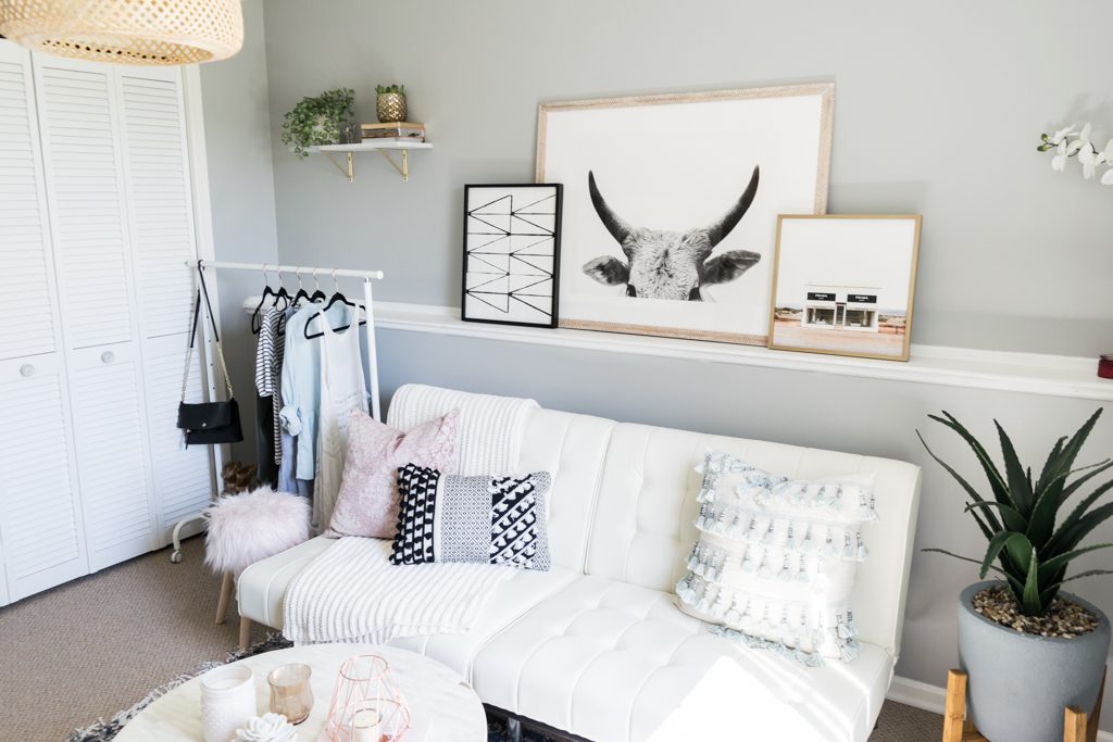 minted art gallery, faux snake plant, target throw pillows, girly office Inspo, cloffice tour