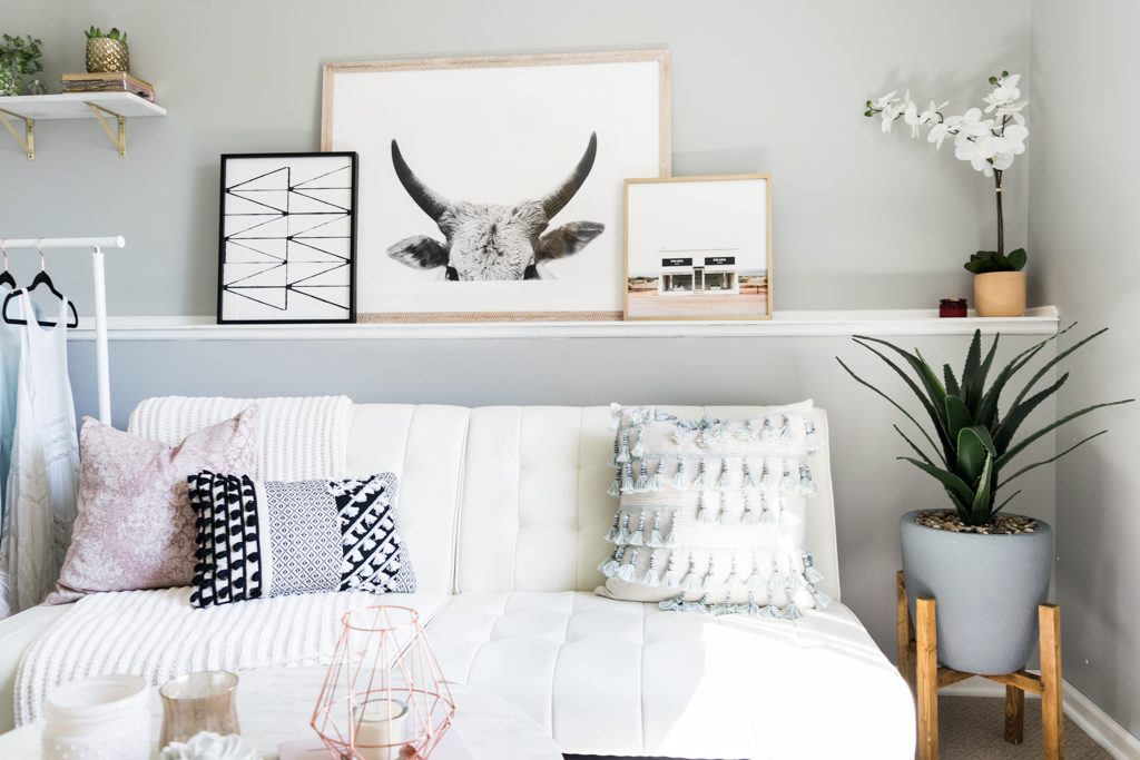 minted art gallery, faux snake plant, target throw pillows, girly office Inspo, cloffice tour