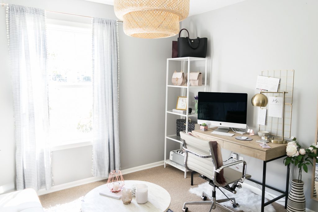 style blogger office, home office ideas for women, minimal office inspo, Ikea sinnerlig pendant lamp, bamboo ceiling light