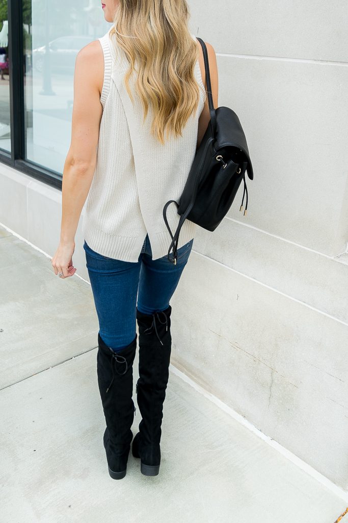 Outlet mall finds, Black over the knee boots outfit, sleeveless turtleneck sweater, Kate spade backpack