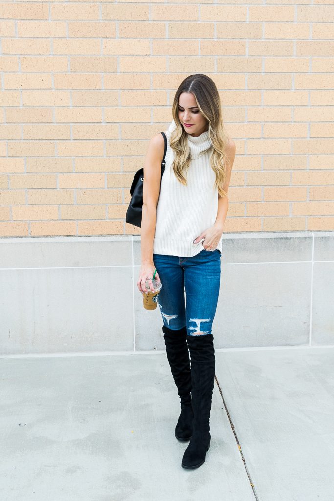 Outlet mall finds, Black over the knee boots outfit, sleeveless turtleneck sweater