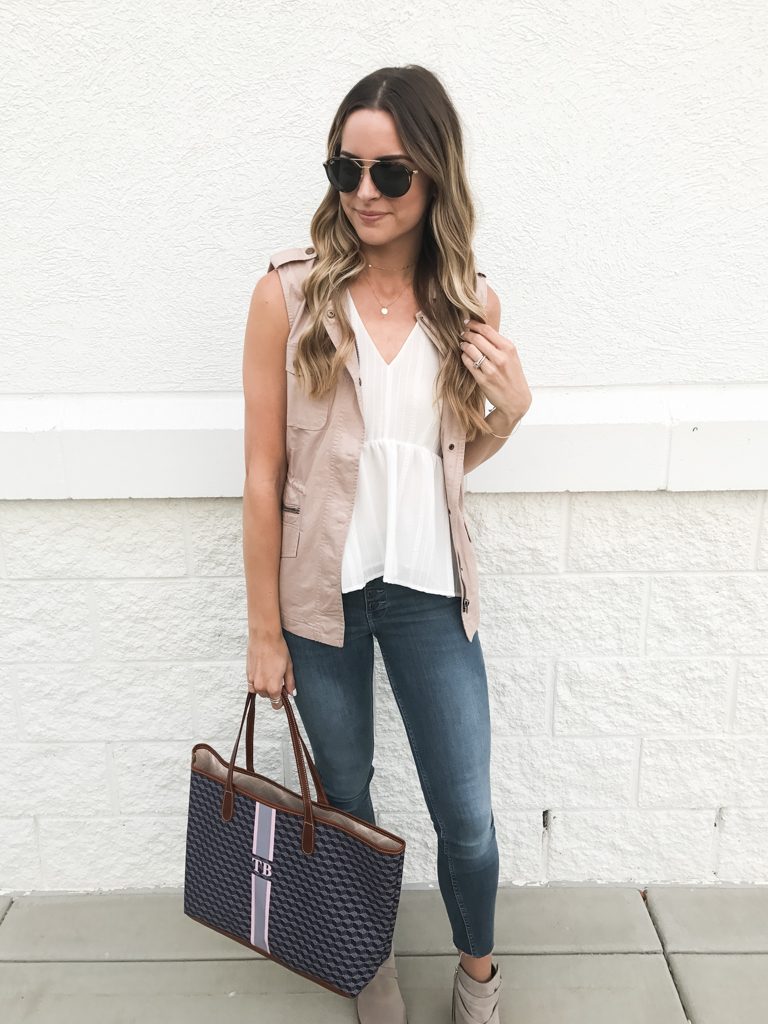 summer to fall transitional outfit, blush military vest, Minneapolis fashion blogger, Barrington gifts st. Anne tote
