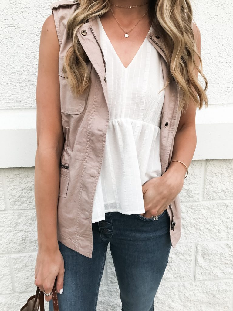 summer to fall transitional outfit, blush military vest, Minneapolis fashion blogger, gold layered necklaces