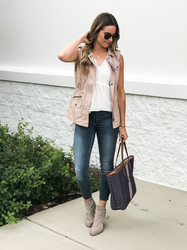 summer to fall transitional outfit, blush military vest, sam Edelman putty booties, Barrington gifts st. Anne tote