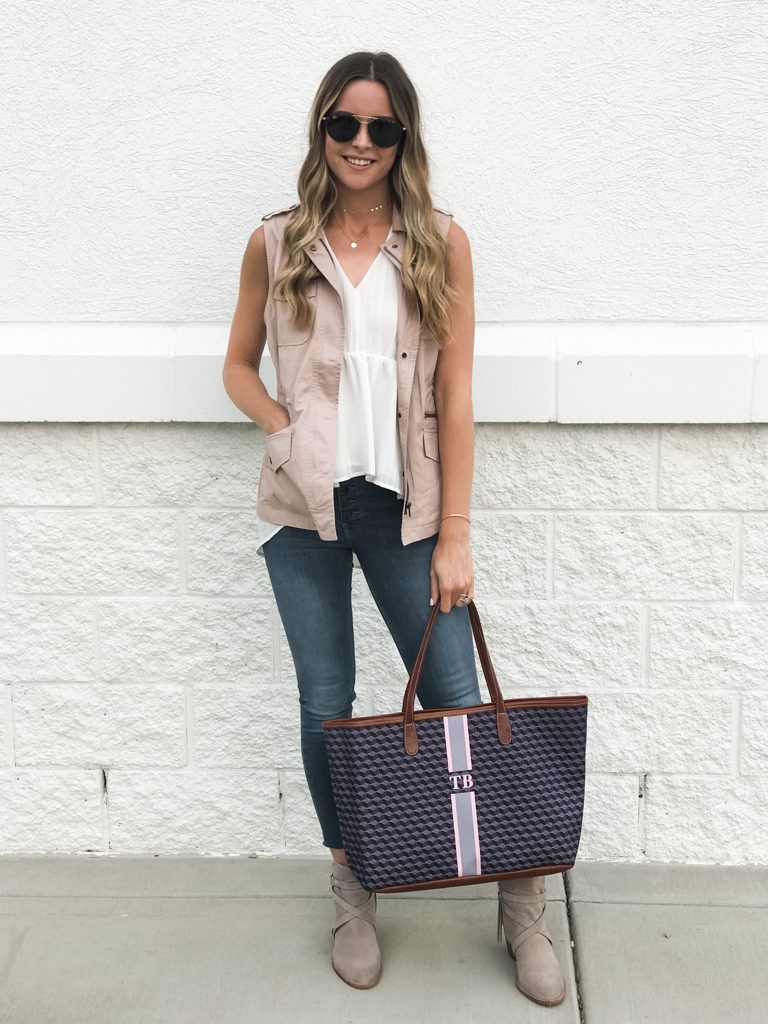 summer to fall transitional outfit, blush military vest, sam Edelman putty booties, Barrington gifts st. Anne tote