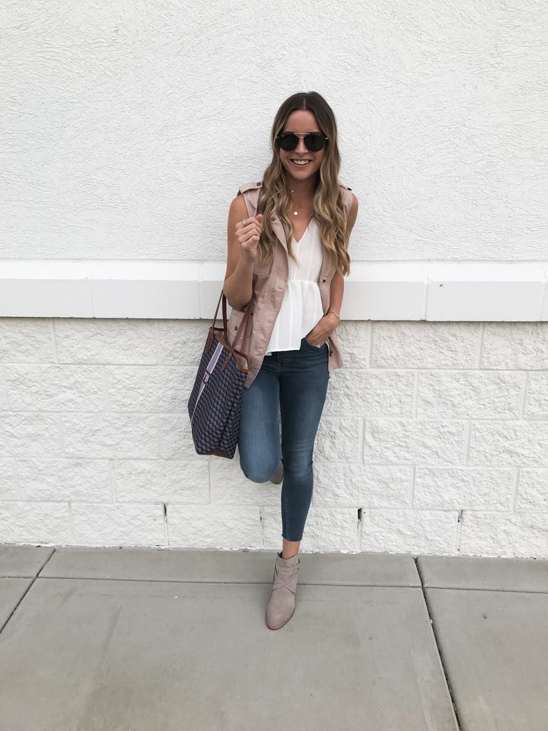 summer to fall transitional outfit, blush military vest, sam Edelman putty booties, white peplum tank
