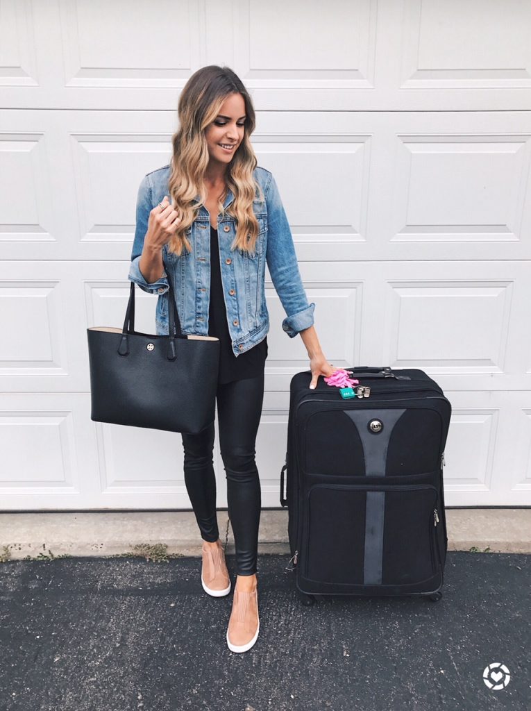 airport outfit, travel style, denim jacket outfit, leather leggings